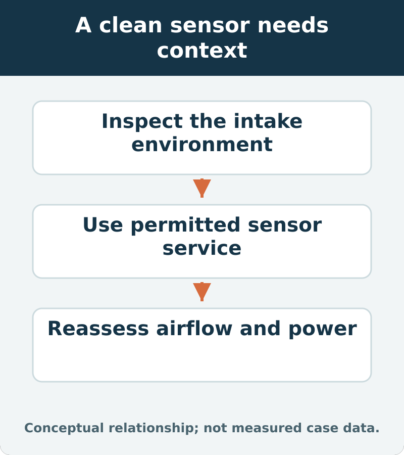 A clean sensor needs context: Inspect the intake environment; Use permitted sensor service; Reassess airflow and power