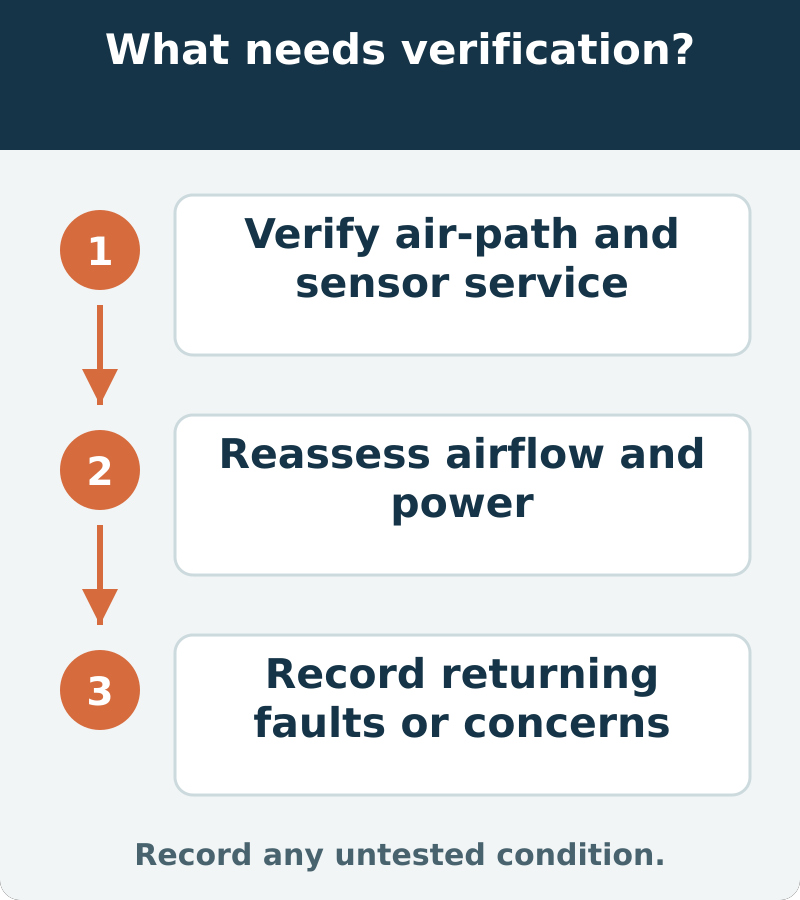 Suggested verification: Verify air-path and sensor service; Reassess airflow and power; Record returning faults or concerns. Record any untested condition