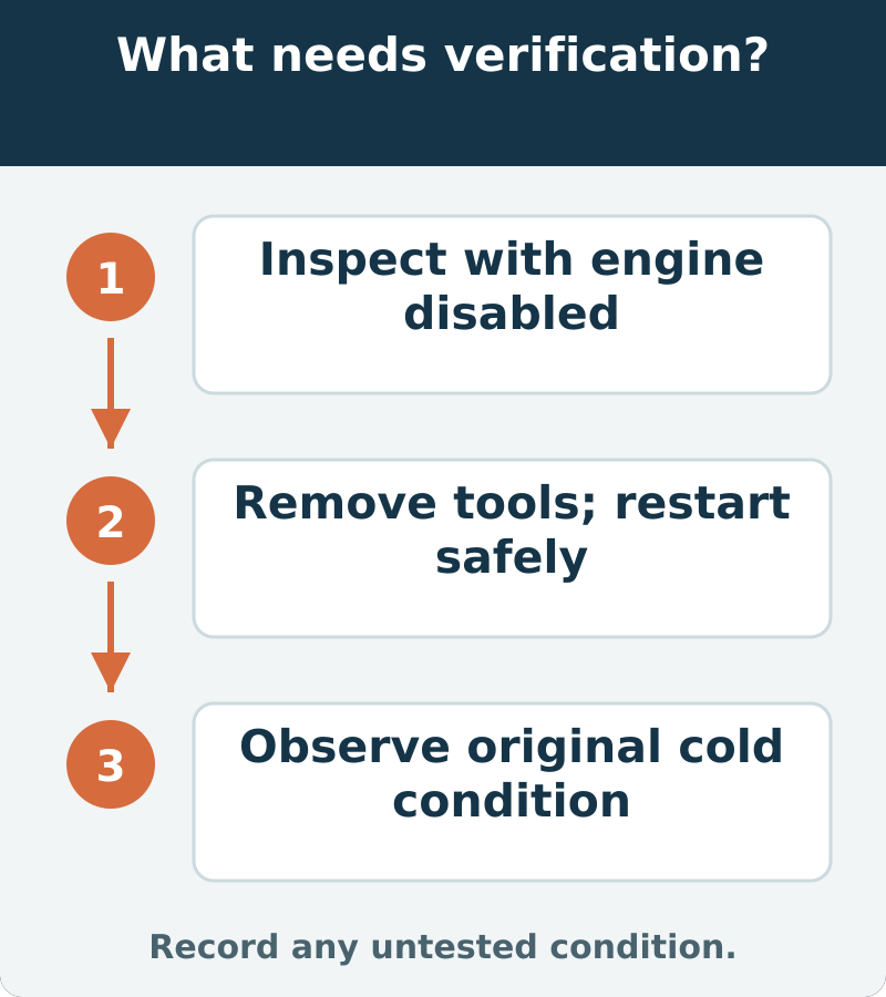 Suggested verification: Inspect with engine disabled; Remove tools; restart safely; Observe original cold condition. Record any untested condition.