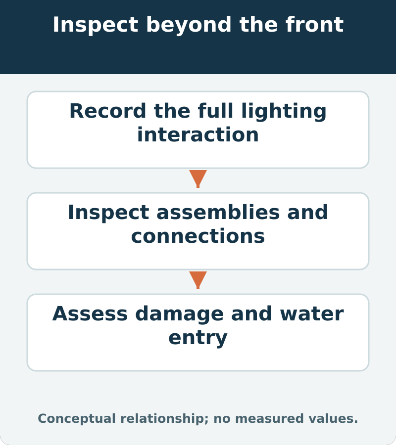 Let the complete interaction define the inspection scope. A front-lamp complaint does not exclude damage at rear assemblies or other connections