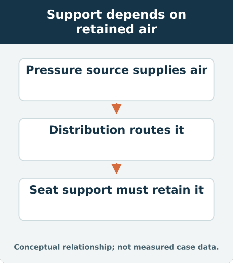 Support depends on retained air: Pressure source supplies air; Distribution routes it; Seat support must retain it
