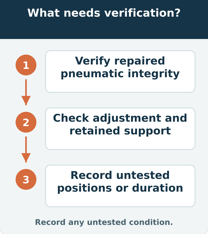 Suggested verification: Verify repaired pneumatic integrity; Check adjustment and retained support; Record untested positions or duration. Record any untested condition
