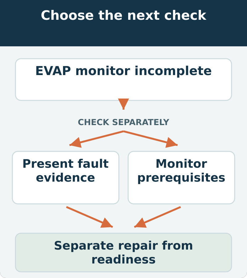 Decision map: evap monitor incomplete; assess present fault evidence and monitor prerequisites. Separate repair from readiness