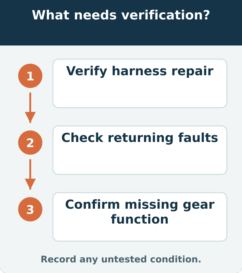 Suggested verification: Verify harness repair; Check returning faults; Confirm missing gear function. Record any untested condition.