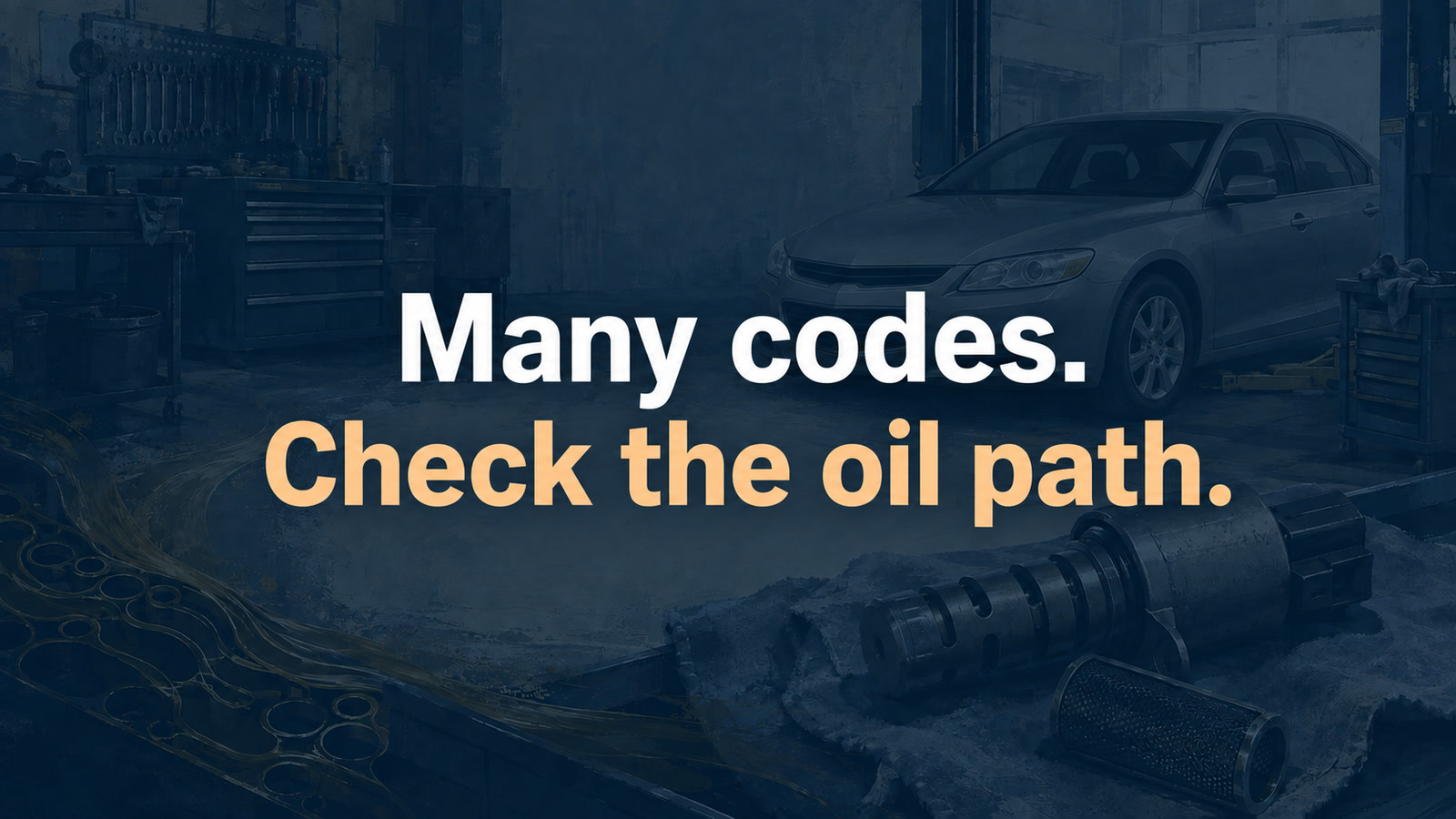 Conceptual editorial illustration: Many codes. Check the oil path.