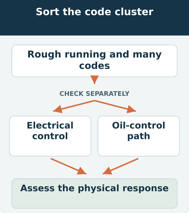 A code-cluster investigation separates electrical control, oil-system condition and mechanical response before selecting a repair