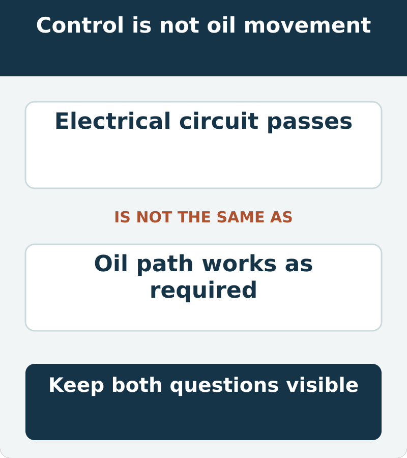 A passing electrical-control check does not prove the oil-control path is unobstructed or mechanically responsive