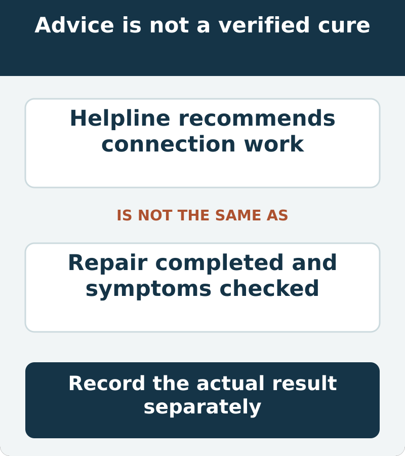 The published helpline guidance does not report completed post-repair verification. Proposed work and a verified result must remain distinct