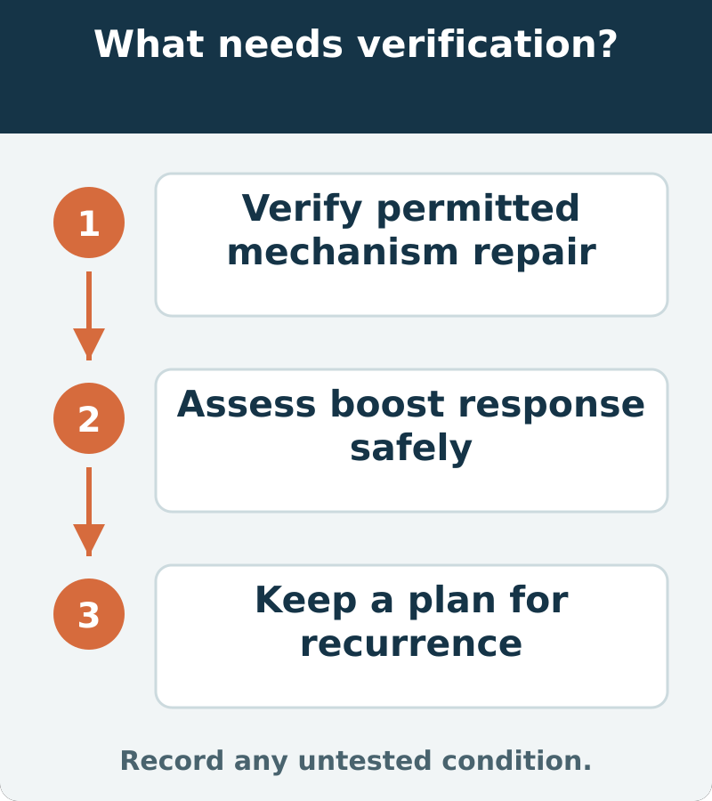 Suggested verification: Verify permitted mechanism repair; Assess boost response safely; Keep a plan for recurrence. Record any untested condition