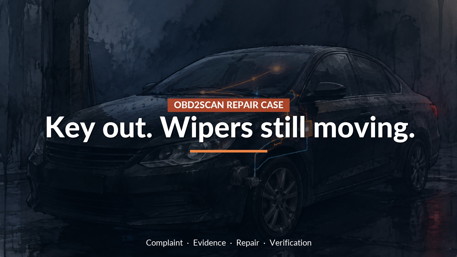 Conceptual editorial illustration: Key out. Wipers still moving.