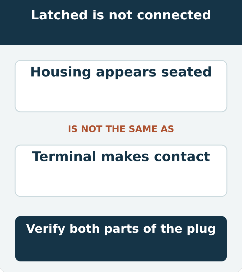 Housing appears seated is not the same as terminal makes contact. Verify both parts of the plug.