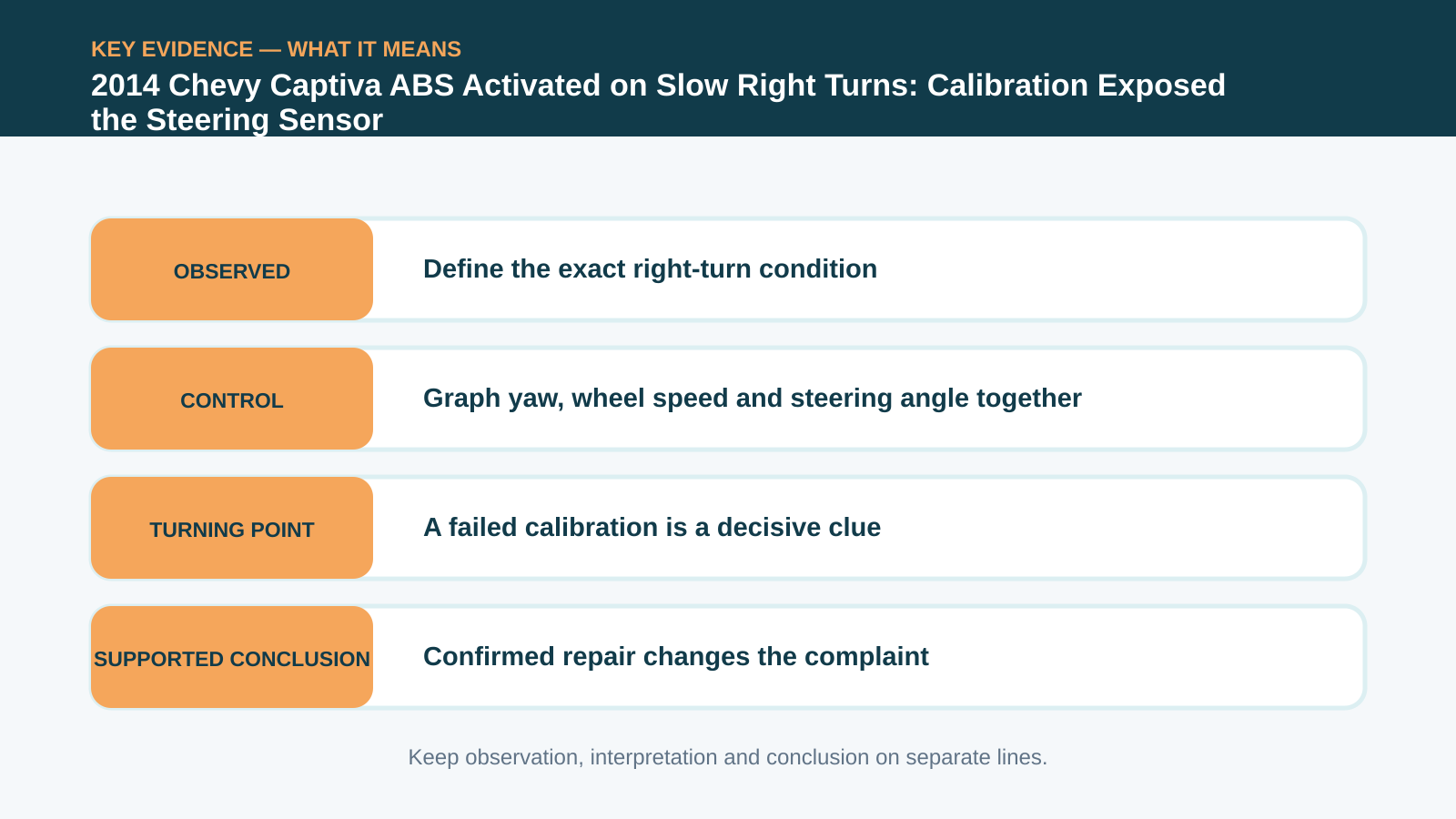 Key evidence interpretation for 2014 Chevy Captiva ABS Activated on Slow Right Turns: Calibration Exposed the Steering Sensor