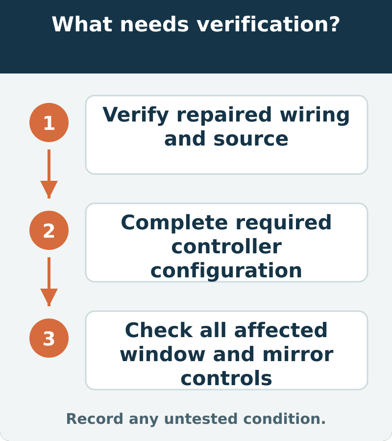 Suggested verification: Verify repaired wiring and source; Complete required controller configuration; Check all affected window and mirror controls. Record any untested condition