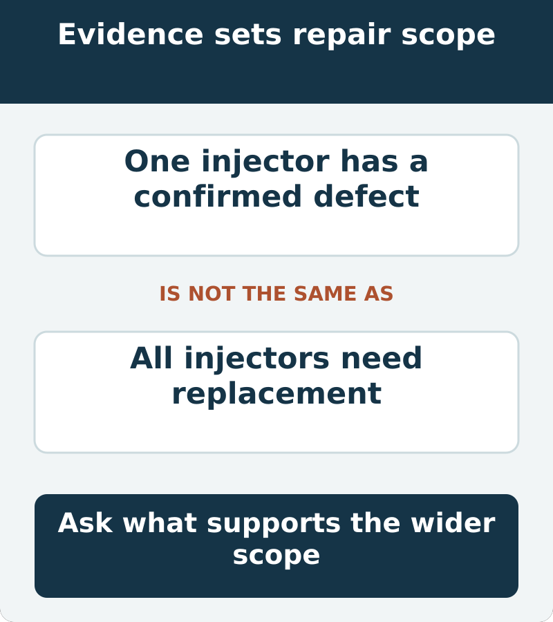 One confirmed injector defect does not establish that every injector has failed. A wider replacement recommendation needs its own stated rationale
