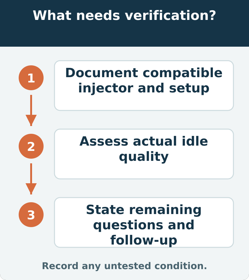 Suggested verification: Document compatible injector and setup; Assess actual idle quality; State remaining questions and follow-up. Record any untested condition