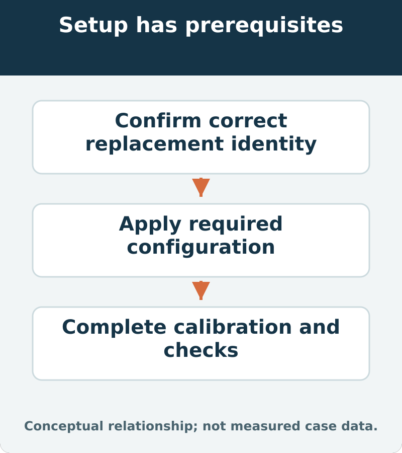 Setup has prerequisites: Confirm correct replacement identity; Apply required configuration; Complete calibration and checks