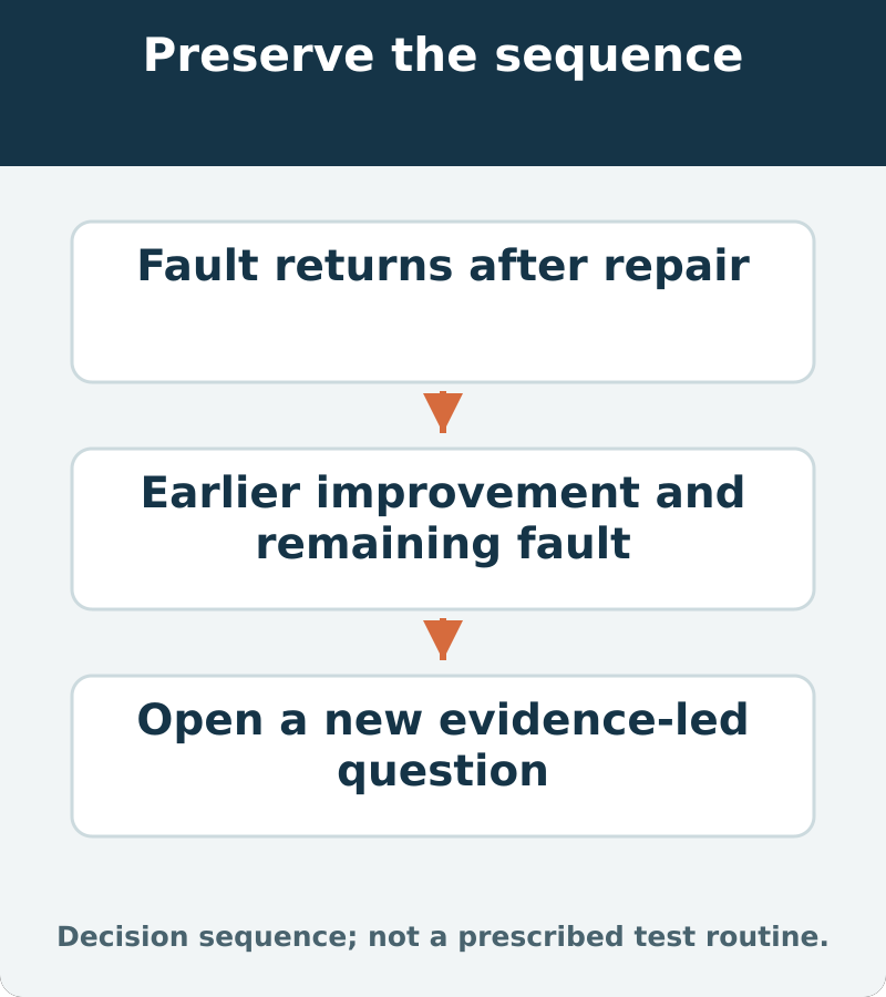 Decision map: fault returns after repair; assess earlier improvement and remaining abnormal behavior. Open a new evidence-led question
