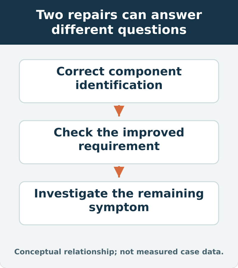 Two repairs can answer different questions: Correct component identification; Check the improved requirement; Investigate the remaining symptom