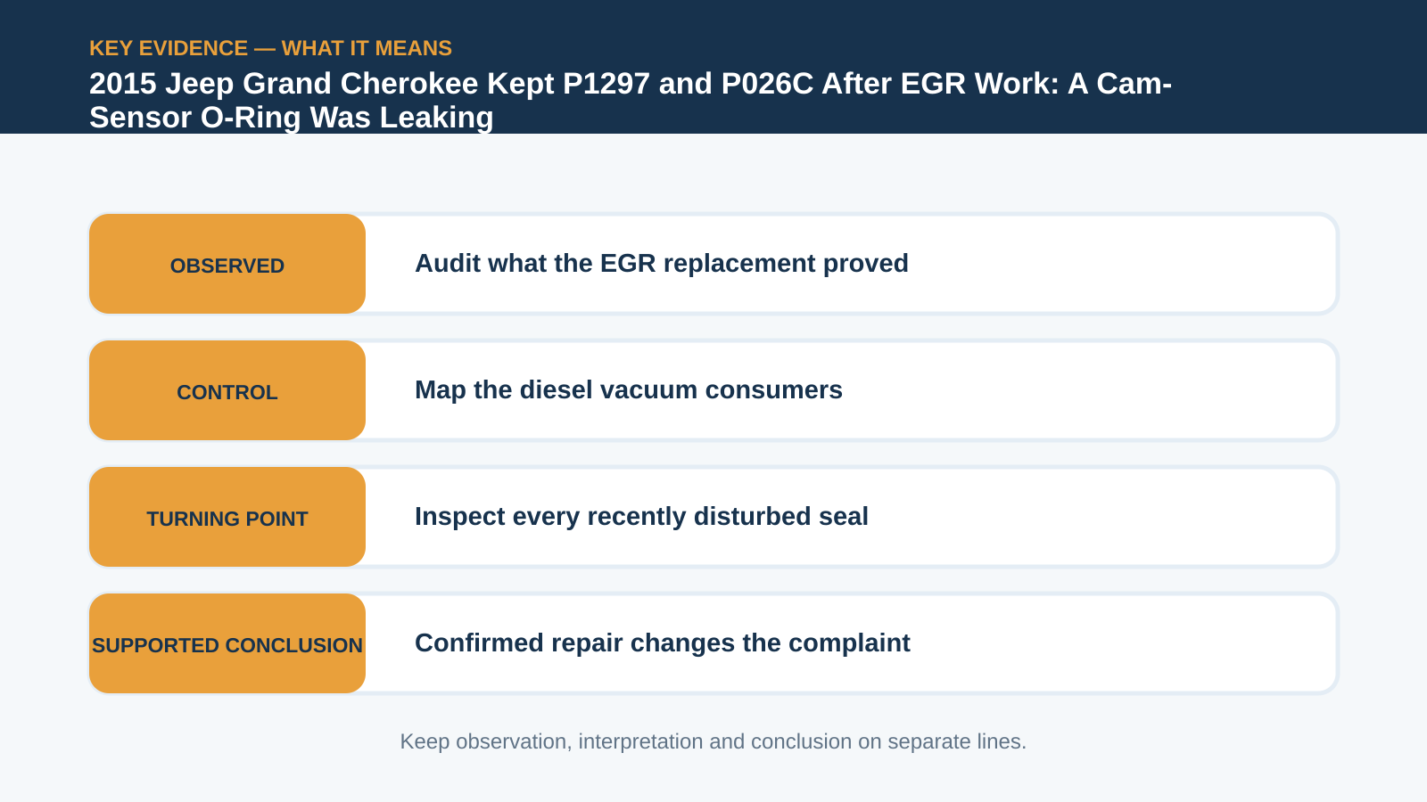 Key evidence interpretation for 2015 Jeep Grand Cherokee Kept P1297 and P026C After EGR Work: A Cam-Sensor O-Ring Was Leaking