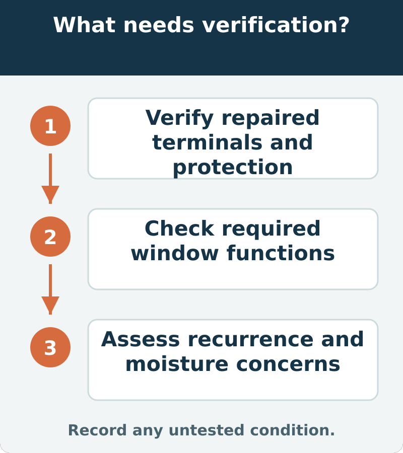 Suggested verification: Verify repaired terminals and protection; Check required window functions; Assess recurrence and moisture concerns. Record any untested condition