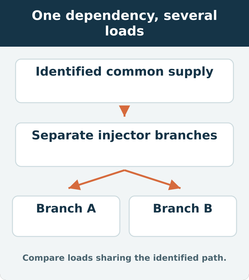 Shared-path map: Identified common supply connects through separate injector branches to separate load branches. Compare the loads sharing the identified path