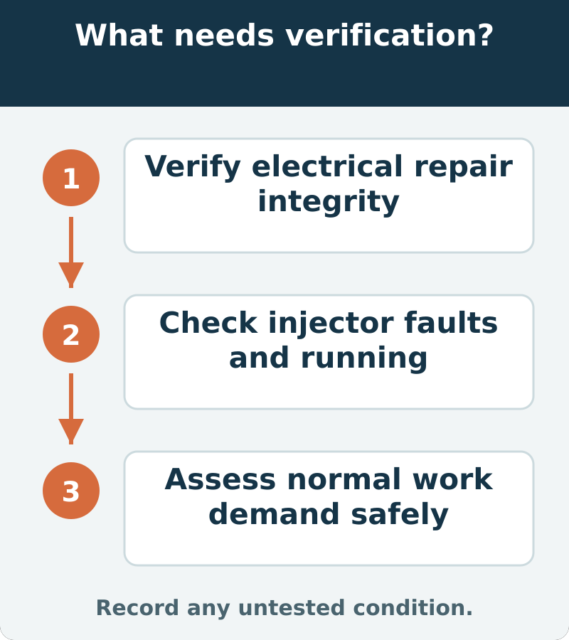 Suggested verification: Verify electrical repair integrity; Check injector faults and running; Assess normal work demand safely. Record any untested condition