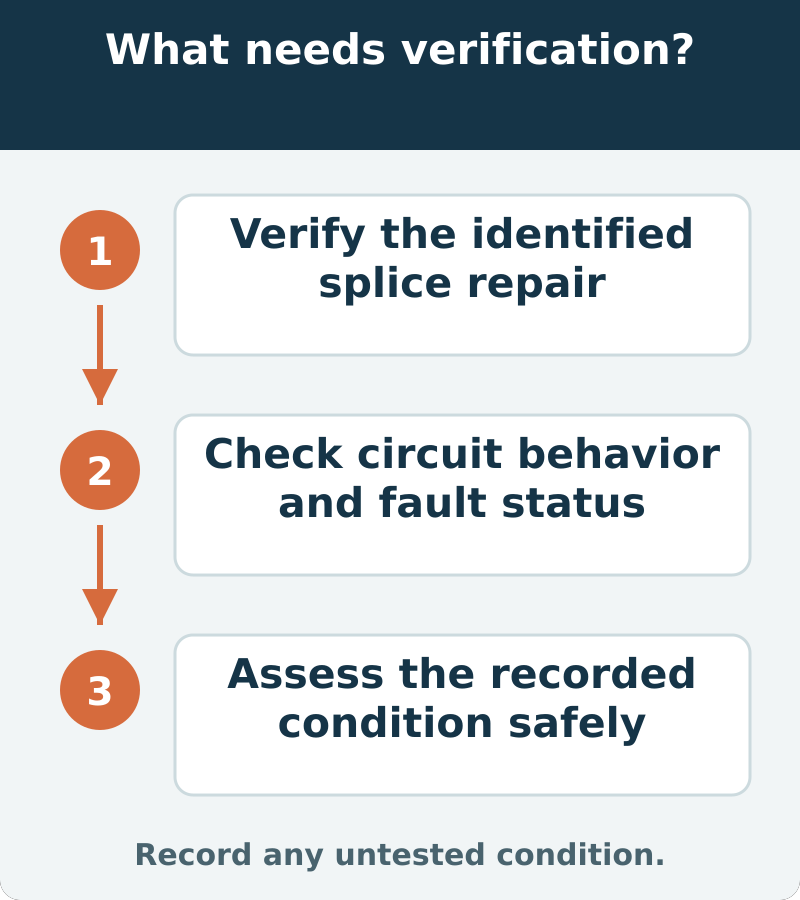 Suggested verification: Verify the identified splice repair; Check circuit behavior and fault status; Assess the recorded condition safely. Record any untested condition