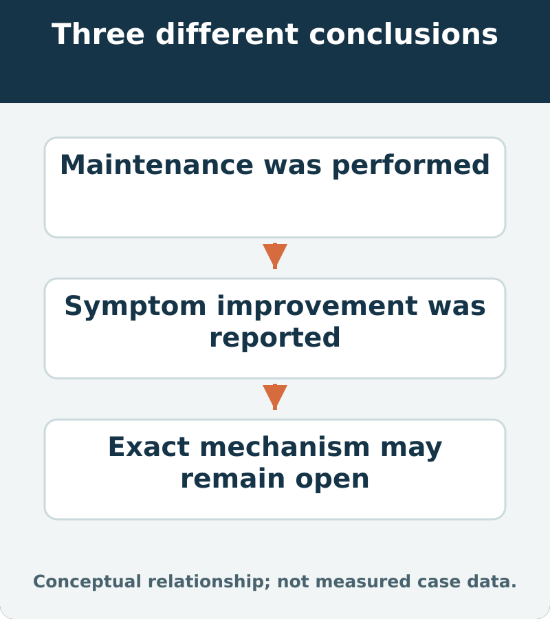 Three different conclusions: Maintenance was performed; Symptom improvement was reported; Exact mechanism may remain open