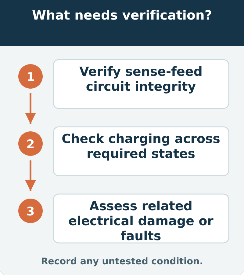 Suggested verification: Verify sense-feed circuit integrity; Check charging across required states; Assess related electrical damage or faults. Record any untested condition