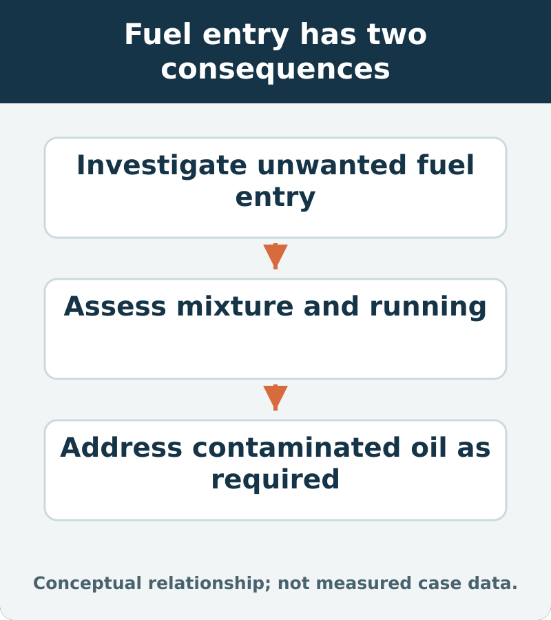 Fuel entry has two consequences: Investigate unwanted fuel entry; Assess mixture and running; Address contaminated oil as required