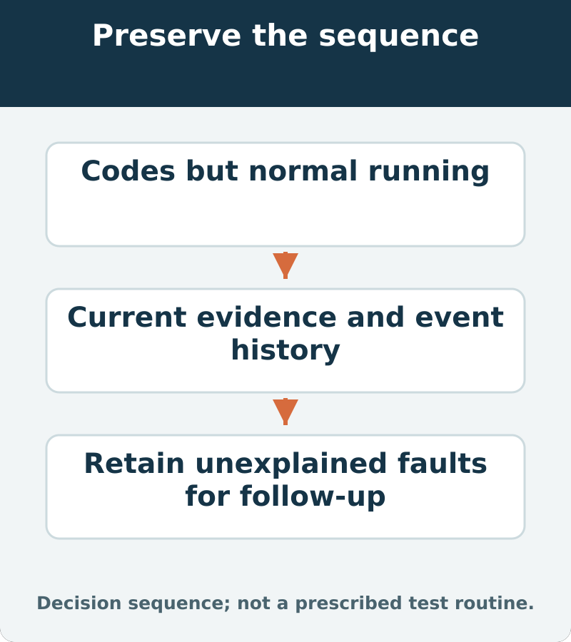 Decision map: codes but normal running; assess current fault evidence and low-fuel event history. Retain unexplained faults for follow-up