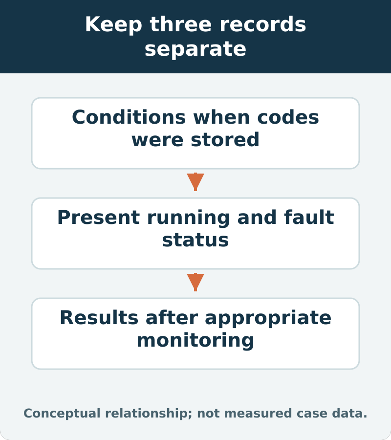 Keep three records separate: Conditions when codes were stored; Present running and fault status; Results after appropriate monitoring
