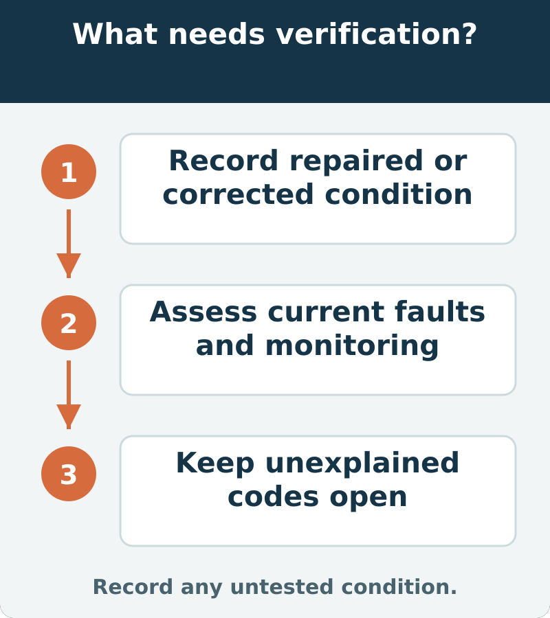Suggested verification: Record repaired or corrected condition; Assess current faults and monitoring; Keep unexplained codes open. Record any untested condition