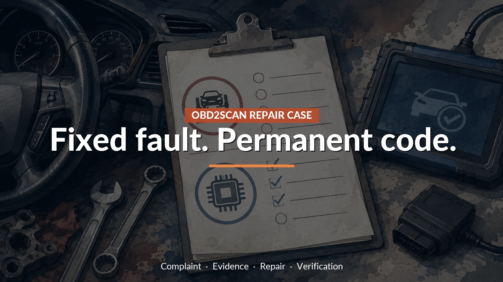 Conceptual editorial illustration: Fixed fault. Permanent code.