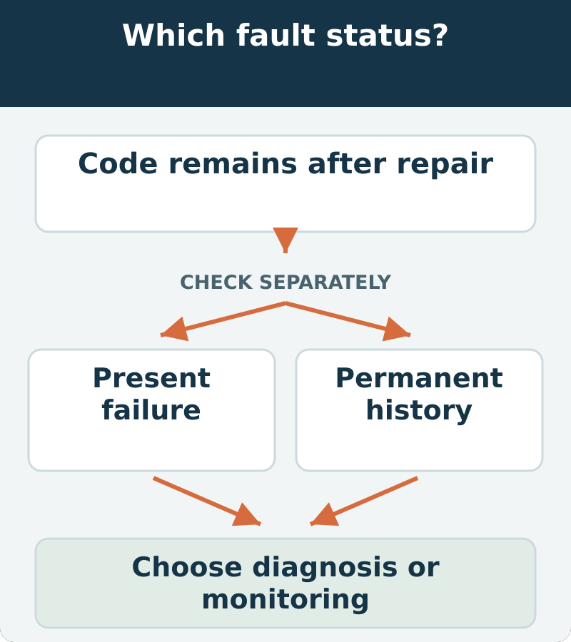 Decision map: Code remains after repair; check present failure and permanent history separately. Choose diagnosis or monitoring.