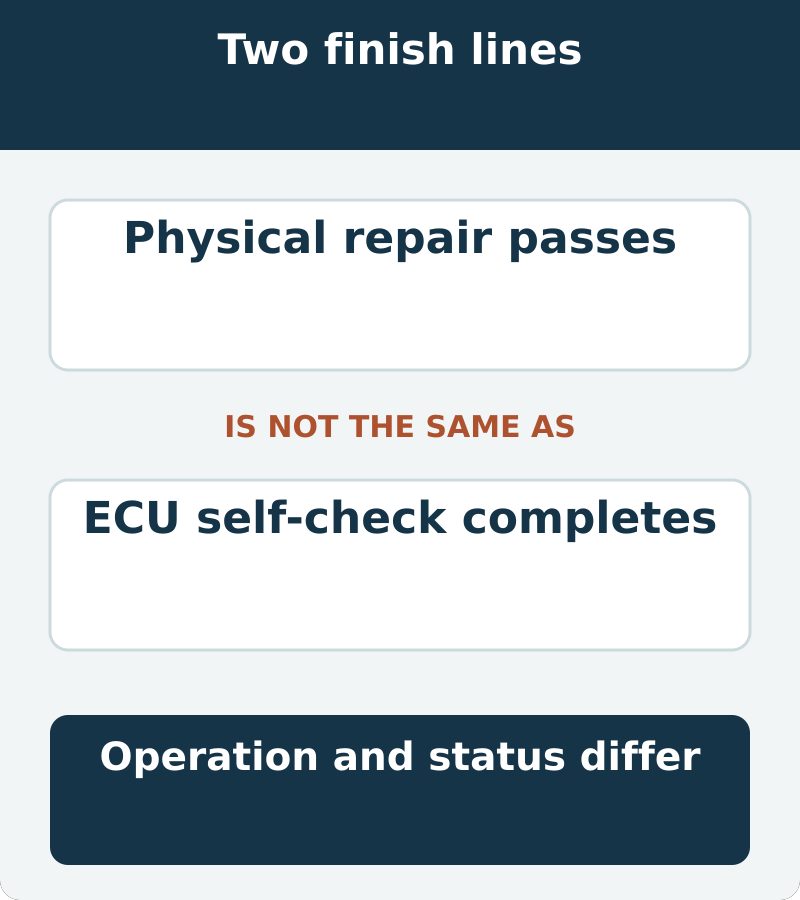 Physical repair passes is not the same as ecu self-check completes. Operation and status differ.