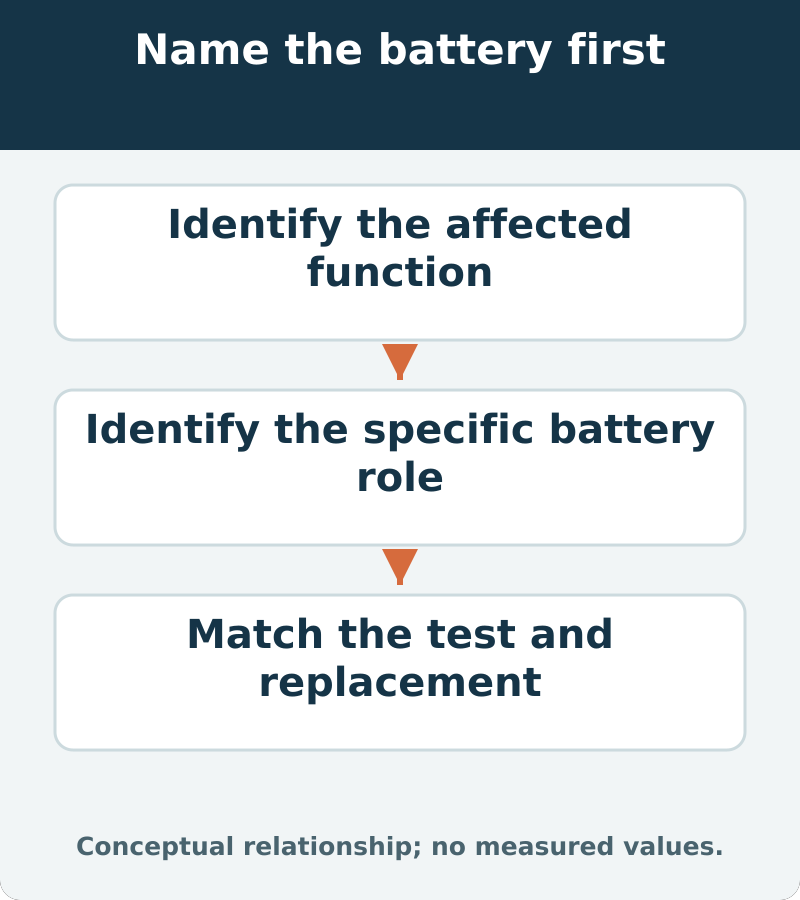 Connect the affected function to the identified battery and a suitable assessment. A start/stop symptom is not a traction-battery diagnosis
