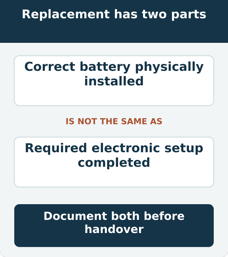 Correct physical replacement and required registration or configuration are distinct completion items. Neither can be inferred only from clearing a warning