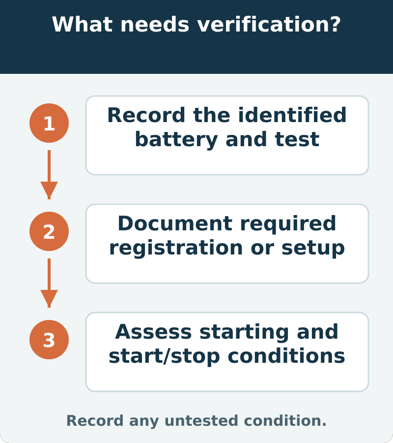 Suggested verification: Record the identified battery and test; Document required registration or setup; Assess starting and start/stop conditions. Record any untested condition