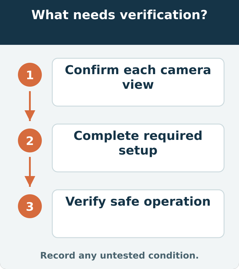 Suggested verification: Confirm each camera view; Complete required setup; Verify safe operation. Record any untested condition.