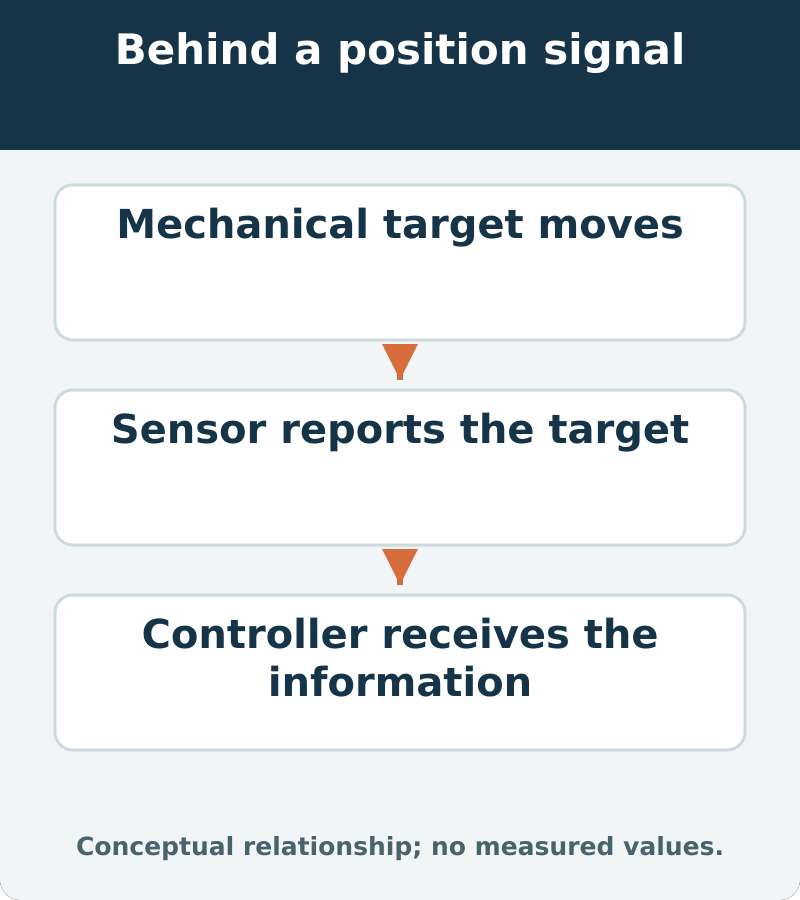 The signal depends on a mechanical target, a sensing circuit and information reaching the controller; each relationship needs appropriate evidence