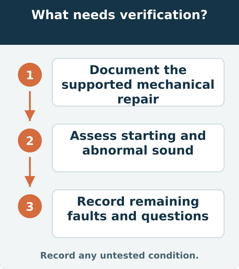 Suggested verification: Document the supported mechanical repair; Assess starting and abnormal sound; Record remaining faults and questions. Record any untested condition