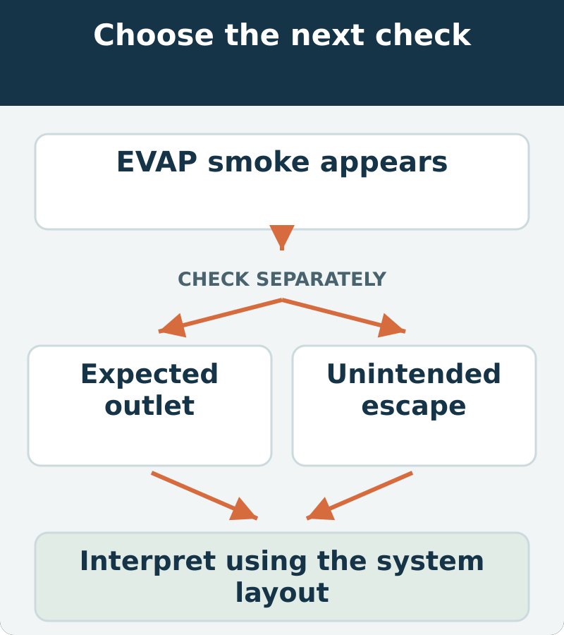 Decision map: evap smoke appears; assess expected outlet and unintended escape. Interpret using the system layout