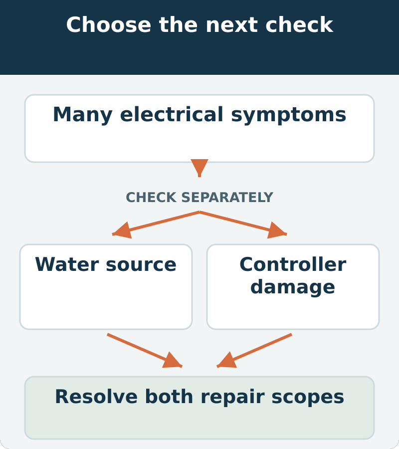 Decision map: many electrical symptoms; assess water source and controller damage. Resolve both repair scopes