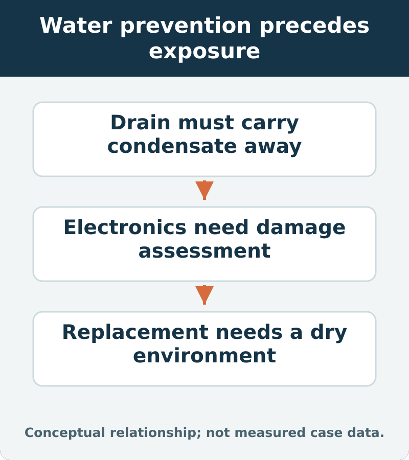 Water prevention precedes exposure: Drain must carry condensate away; Electronics need damage assessment; Replacement needs a dry environment