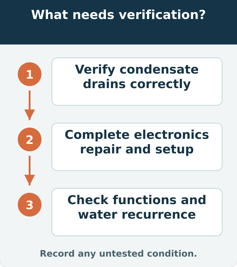 Suggested verification: Verify condensate drains correctly; Complete electronics repair and setup; Check functions and water recurrence. Record any untested condition