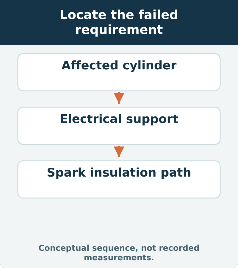 An ignition investigation separates the affected cylinder, basic support circuits and the spark insulation path