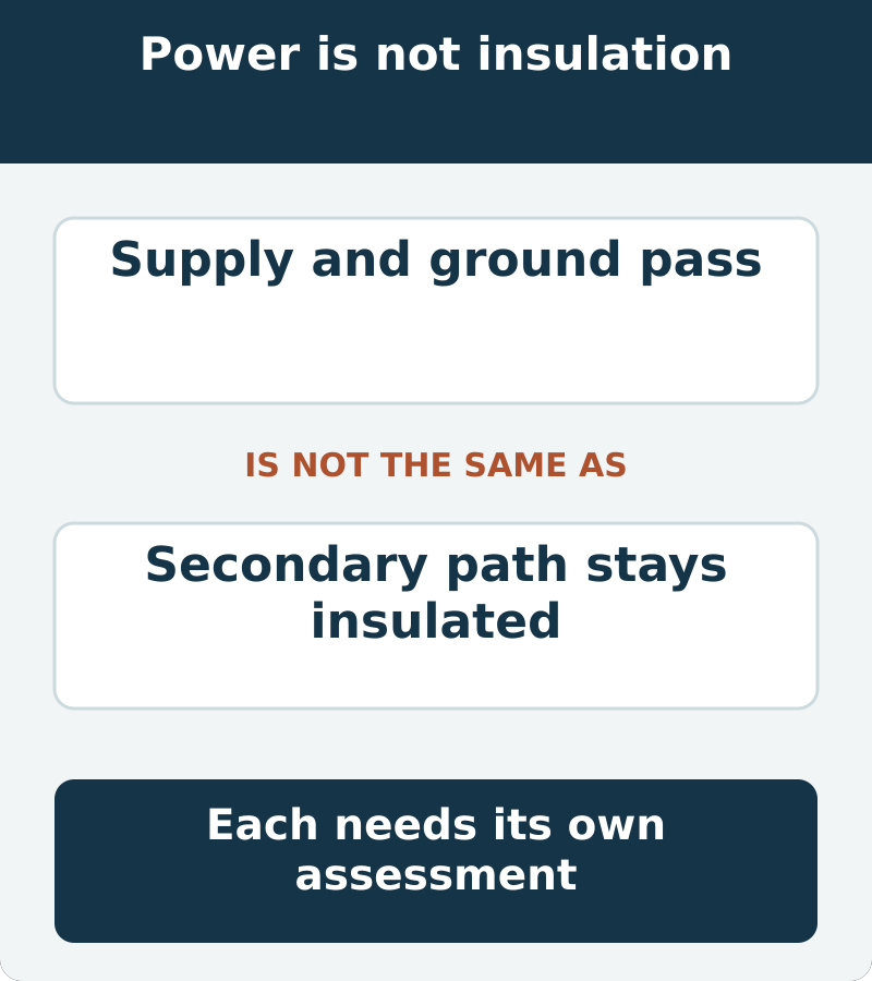 Electrical support and insulation integrity answer different questions; a passing feed check does not certify the secondary path