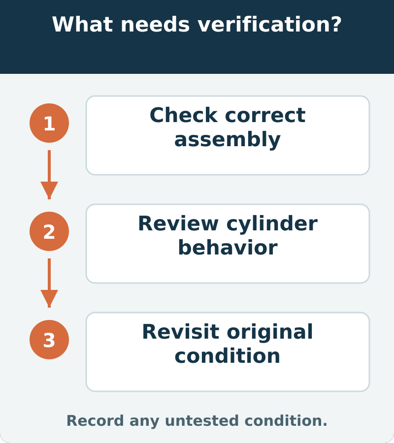 Suggested verification connects correct assembly, cylinder behavior and the original misfire condition