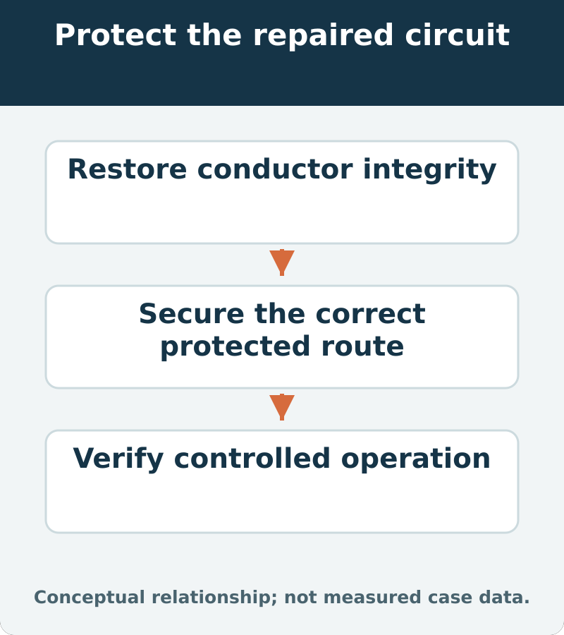 Protect the repaired circuit: Restore conductor integrity; Secure the correct protected route; Verify controlled operation
